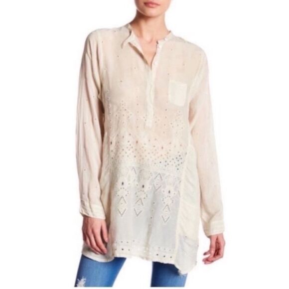 JOHNNY WAS Embroidered Blouse Tunic Cupra Rayon Pocket Long Cream - Picture 1 of 10